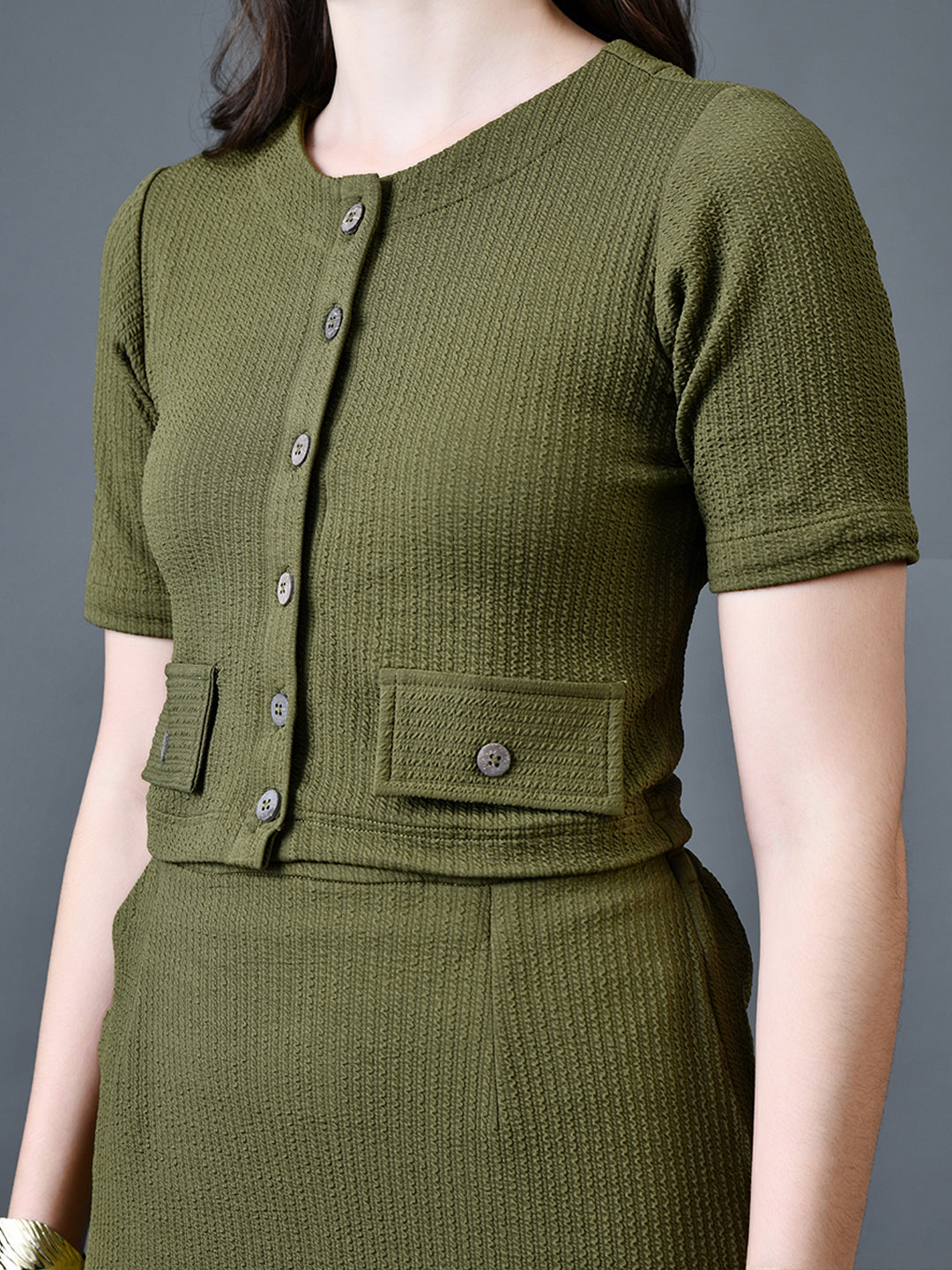 Myshka Women Olive Polyester A-Line Round Neck Solid Knee Length Short Sleeves Co-Ords - Distacart