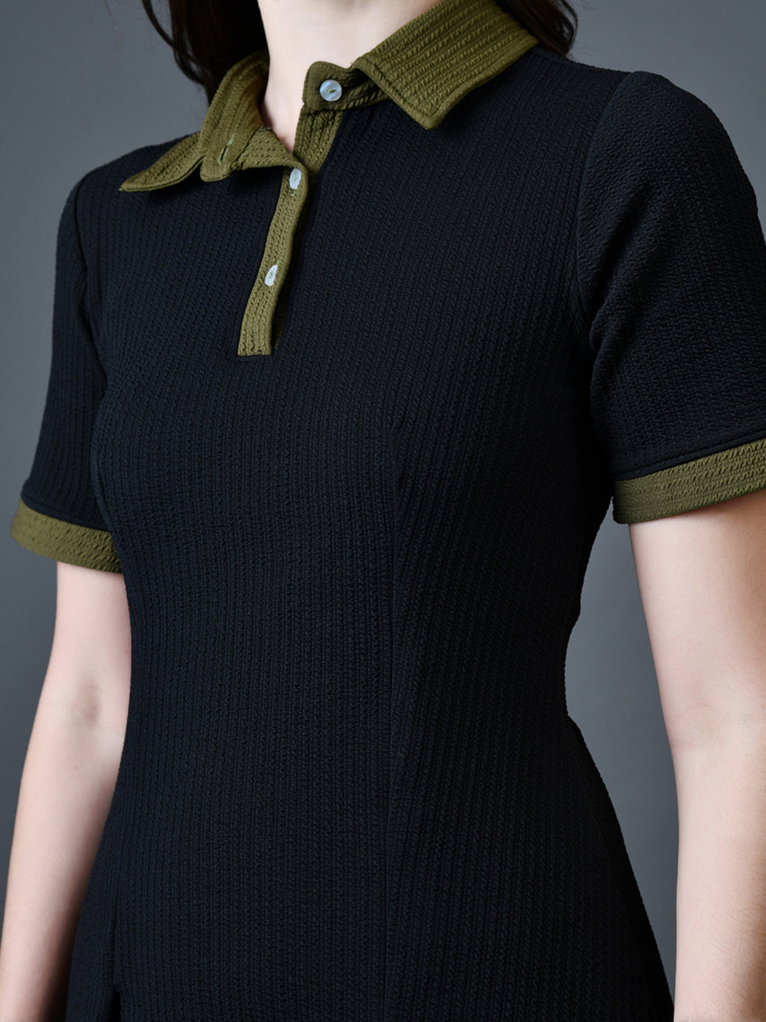 Myshka Women Black Polyester A-Line Shirt Collar Solid Above Knee Short Sleeves Dresses - Distacart