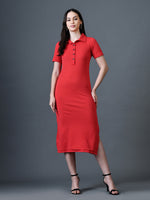 Thumbnail for Myshka Women Red Polyester A-Line Shirt Collar Solid Knee Length Short Sleeves Dresses - Distacart