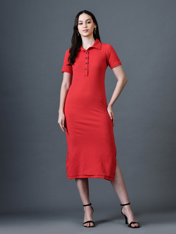 Myshka Women Red Polyester A-Line Shirt Collar Solid Knee Length Short Sleeves Dresses - Distacart