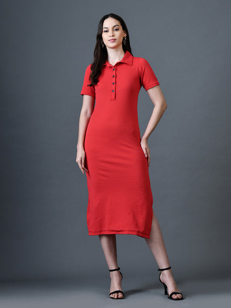 Myshka Women Red Polyester A-Line Shirt Collar Solid Knee Length Short Sleeves Dresses - Distacart