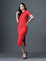 Thumbnail for Myshka Women Red Polyester A-Line Shirt Collar Solid Knee Length Short Sleeves Dresses - Distacart