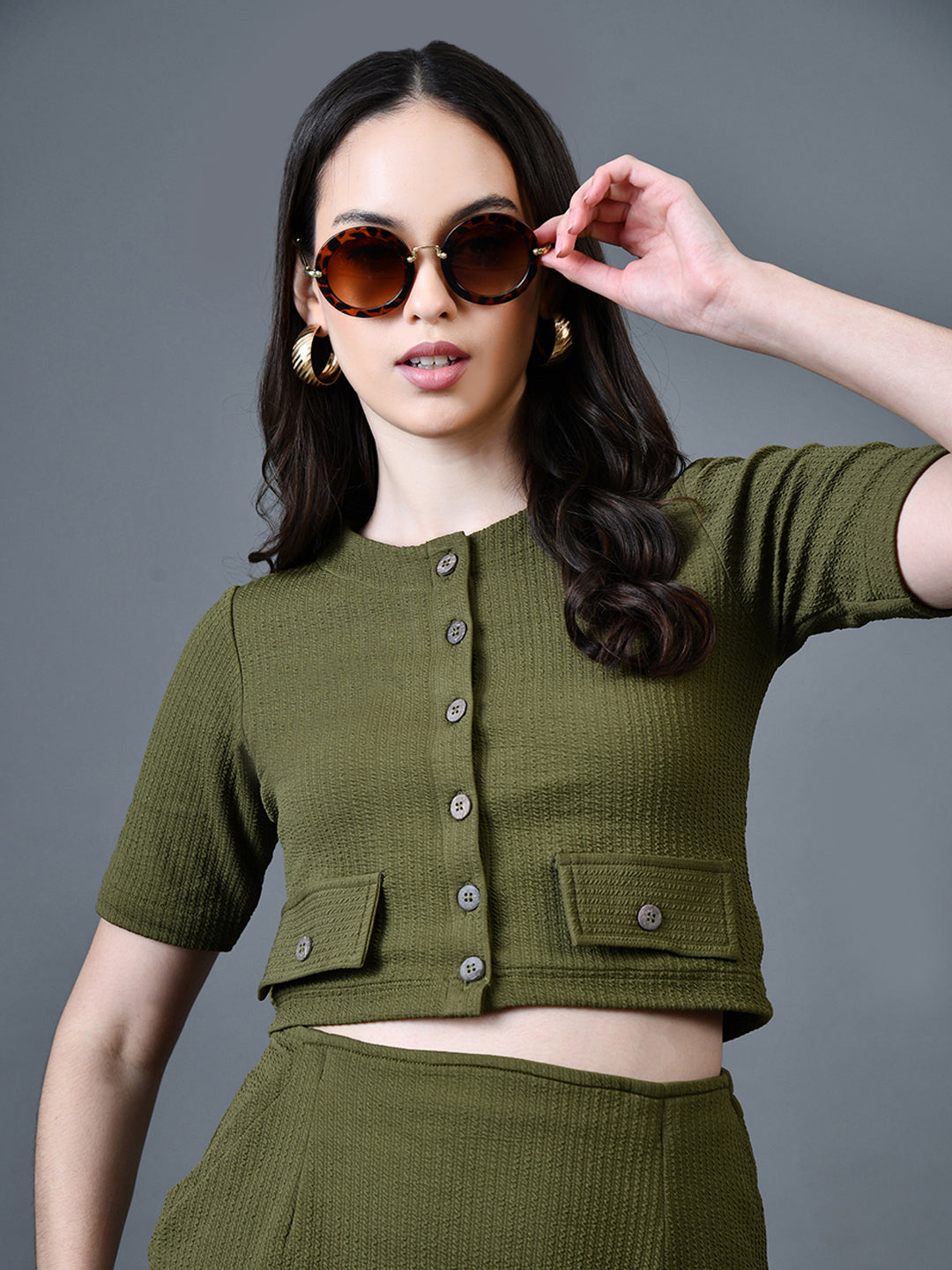 Myshka Women Olive Polyester A-Line Round Neck Solid Knee Length Short Sleeves Co-Ords - Distacart