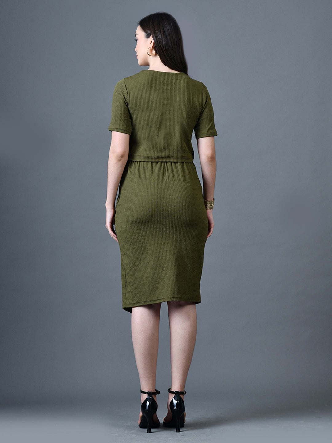 Myshka Women Olive Polyester A-Line Round Neck Solid Knee Length Short Sleeves Co-Ords - Distacart