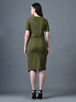 Thumbnail for Myshka Women Olive Polyester A-Line Round Neck Solid Knee Length Short Sleeves Co-Ords - Distacart