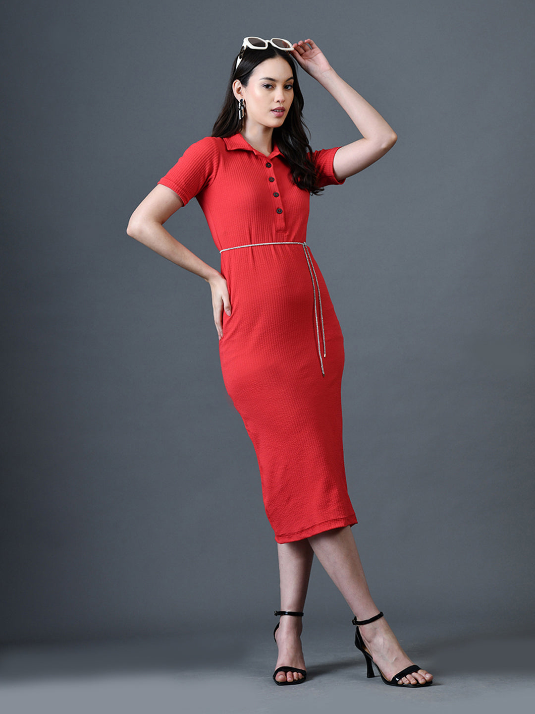 Myshka Women Red Polyester A-Line Shirt Collar Solid Knee Length Short Sleeves Dresses - Distacart