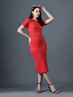 Thumbnail for Myshka Women Red Polyester A-Line Shirt Collar Solid Knee Length Short Sleeves Dresses - Distacart