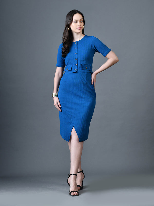 Myshka Women Blue Polyester A-Line Round Neck Solid Knee Length Short Sleeves Co-Ords - Distacart
