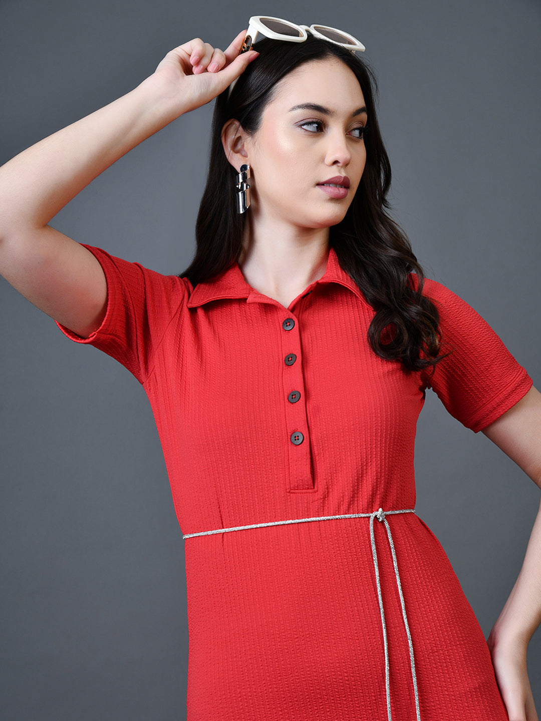 Myshka Women Red Polyester A-Line Shirt Collar Solid Knee Length Short Sleeves Dresses - Distacart