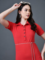 Thumbnail for Myshka Women Red Polyester A-Line Shirt Collar Solid Knee Length Short Sleeves Dresses - Distacart