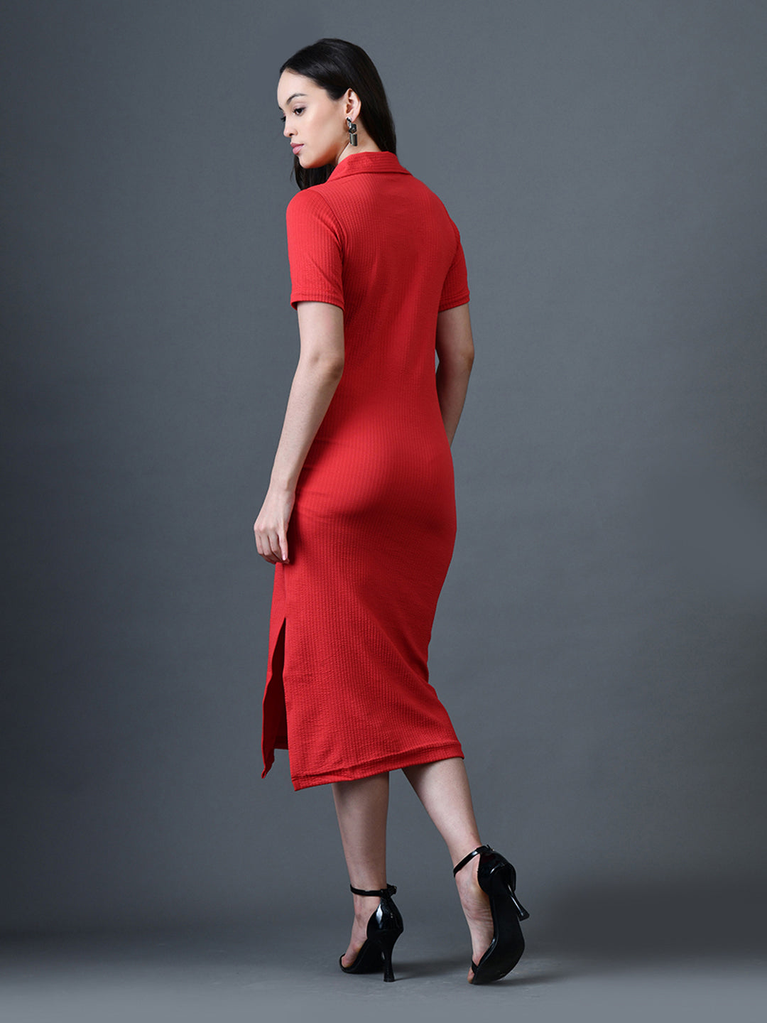 Myshka Women Red Polyester A-Line Shirt Collar Solid Knee Length Short Sleeves Dresses - Distacart