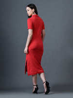 Thumbnail for Myshka Women Red Polyester A-Line Shirt Collar Solid Knee Length Short Sleeves Dresses - Distacart