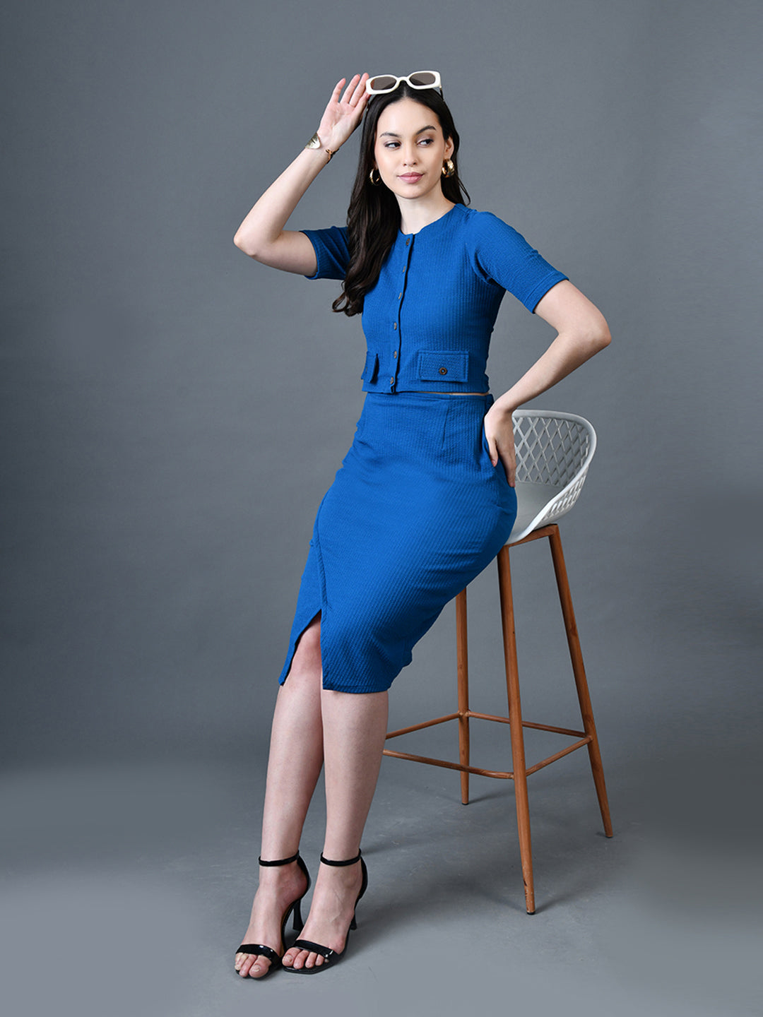 Myshka Women Blue Polyester A-Line Round Neck Solid Knee Length Short Sleeves Co-Ords - Distacart