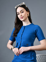 Thumbnail for Myshka Women Blue Polyester A-Line Round Neck Solid Knee Length Short Sleeves Co-Ords - Distacart