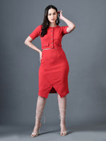 Thumbnail for Myshka Women Red Polyester A-Line Round Neck Solid Knee Length Short Sleeves Co-Ords - Distacart