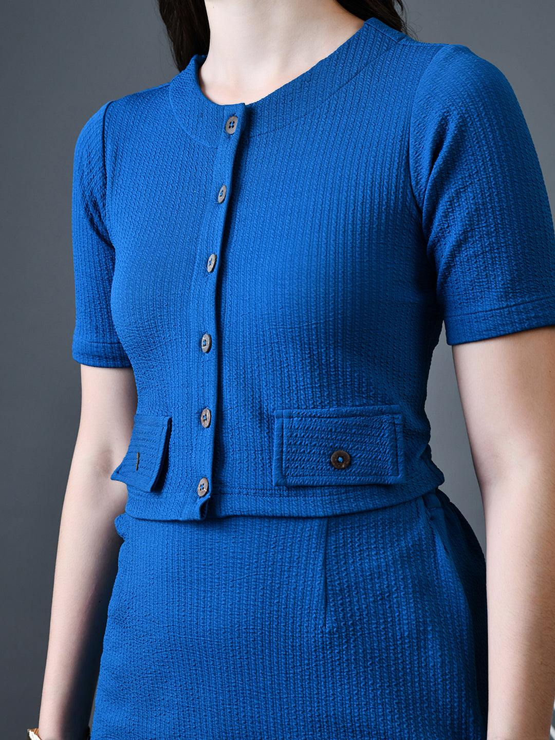 Myshka Women Blue Polyester A-Line Round Neck Solid Knee Length Short Sleeves Co-Ords - Distacart