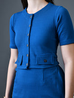 Thumbnail for Myshka Women Blue Polyester A-Line Round Neck Solid Knee Length Short Sleeves Co-Ords - Distacart