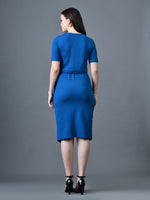 Thumbnail for Myshka Women Blue Polyester A-Line Round Neck Solid Knee Length Short Sleeves Co-Ords - Distacart