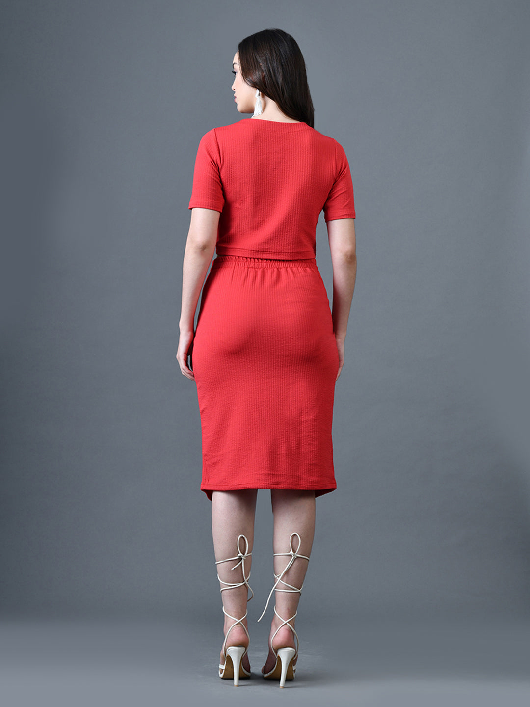 Myshka Women Red Polyester A-Line Round Neck Solid Knee Length Short Sleeves Co-Ords - Distacart