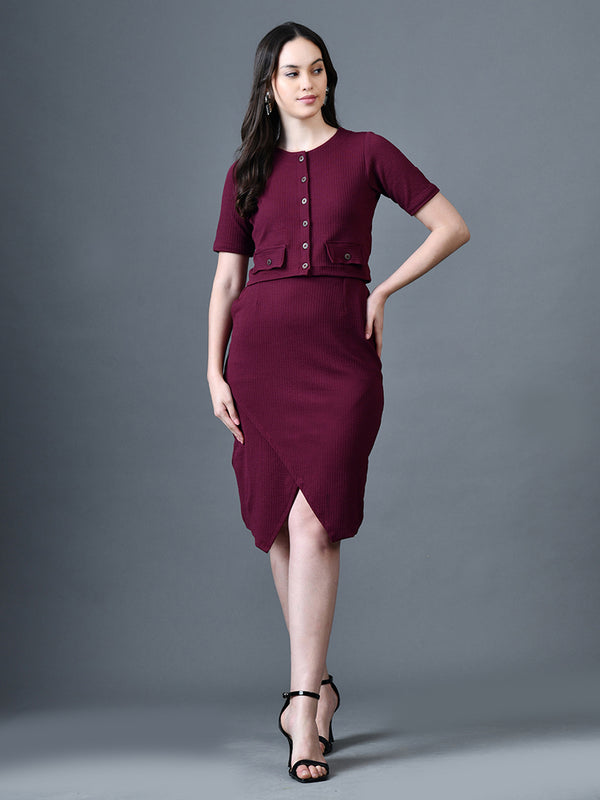 Myshka Women Magenta Polyester A-Line Round Neck Solid Knee Length Short Sleeves Co-Ords - Distacart