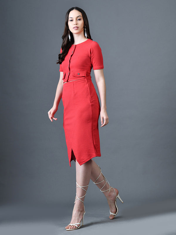 Myshka Women Red Polyester A-Line Round Neck Solid Knee Length Short Sleeves Co-Ords - Distacart