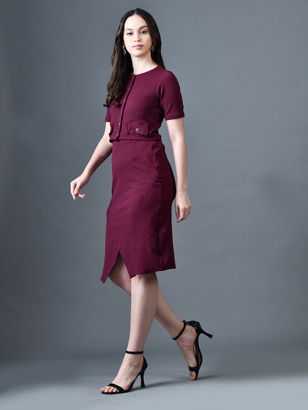 Myshka Women Magenta Polyester A-Line Round Neck Solid Knee Length Short Sleeves Co-Ords - Distacart