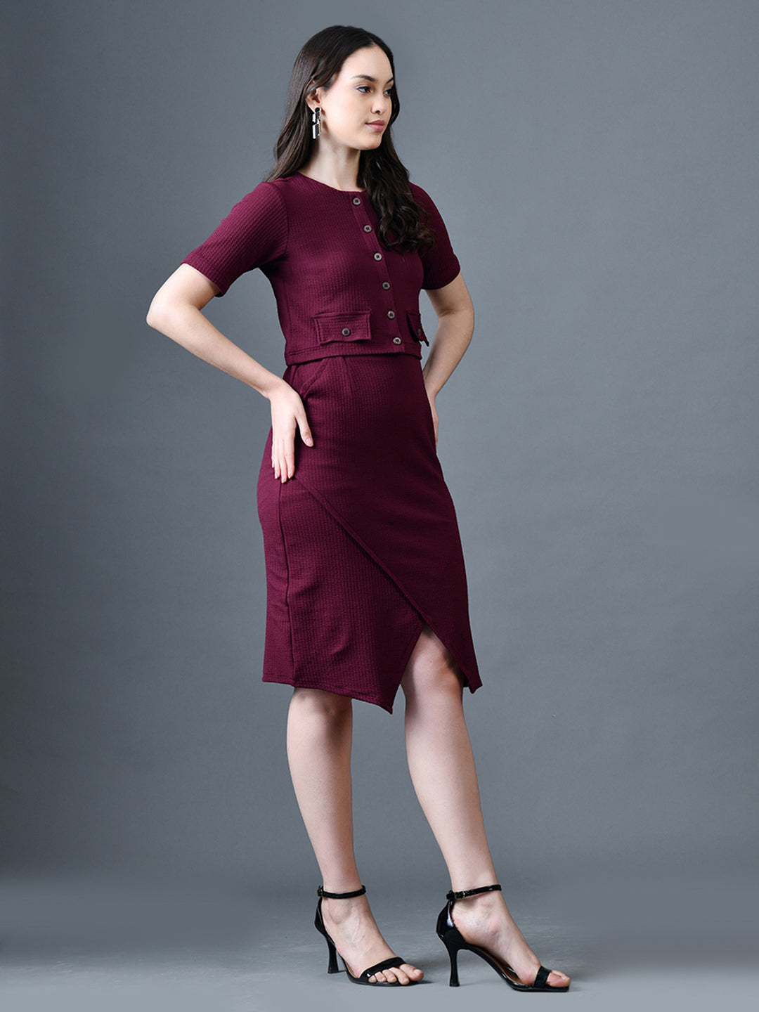 Myshka Women Magenta Polyester A-Line Round Neck Solid Knee Length Short Sleeves Co-Ords - Distacart