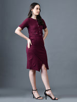 Thumbnail for Myshka Women Magenta Polyester A-Line Round Neck Solid Knee Length Short Sleeves Co-Ords - Distacart