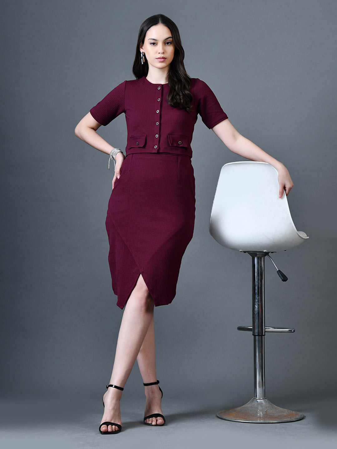 Myshka Women Magenta Polyester A-Line Round Neck Solid Knee Length Short Sleeves Co-Ords - Distacart