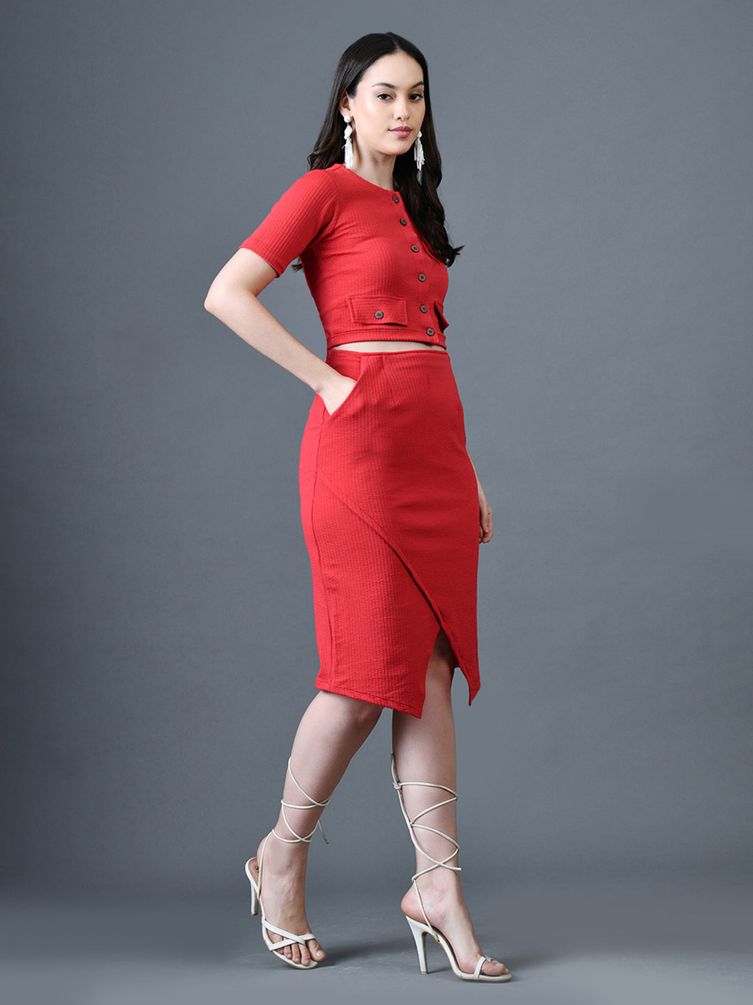 Myshka Women Red Polyester A-Line Round Neck Solid Knee Length Short Sleeves Co-Ords - Distacart