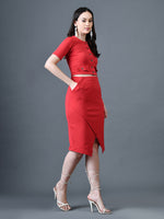 Thumbnail for Myshka Women Red Polyester A-Line Round Neck Solid Knee Length Short Sleeves Co-Ords - Distacart