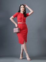 Thumbnail for Myshka Women Red Polyester A-Line Round Neck Solid Knee Length Short Sleeves Co-Ords - Distacart