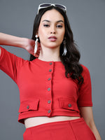 Thumbnail for Myshka Women Red Polyester A-Line Round Neck Solid Knee Length Short Sleeves Co-Ords - Distacart
