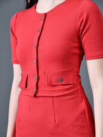 Thumbnail for Myshka Women Red Polyester A-Line Round Neck Solid Knee Length Short Sleeves Co-Ords - Distacart