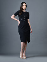 Thumbnail for Myshka Women Black Polyester A-Line Round Neck Solid Knee Length Short Sleeves Co-Ords - Distacart