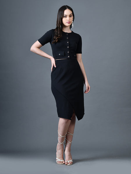 Myshka Women Black Polyester A-Line Round Neck Solid Knee Length Short Sleeves Co-Ords - Distacart