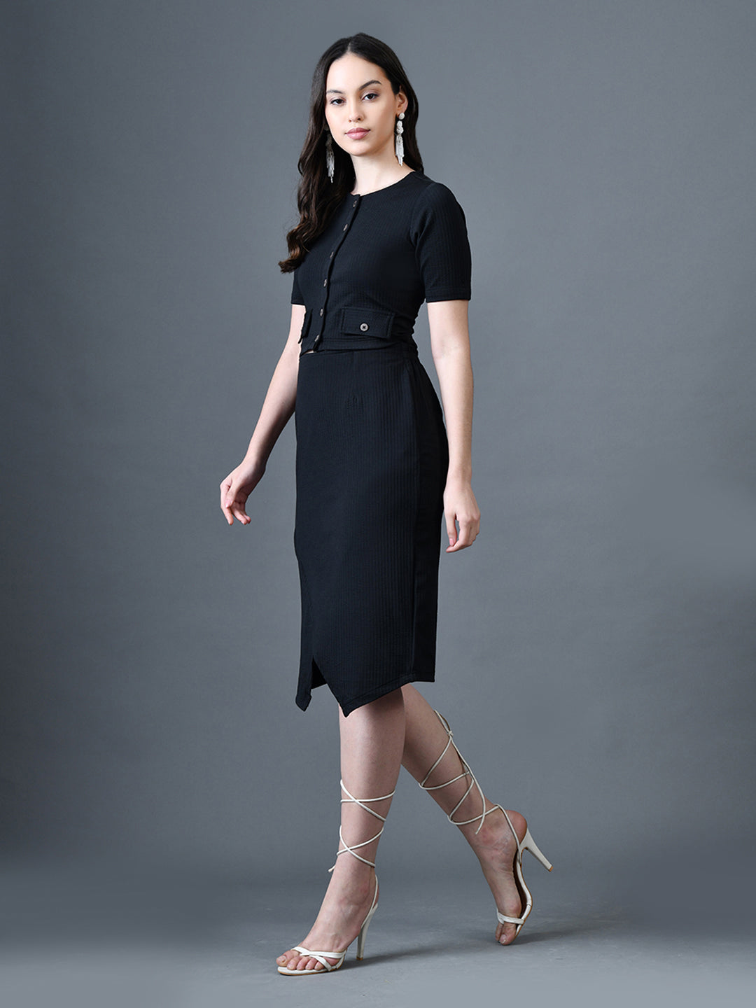 Myshka Women Black Polyester A-Line Round Neck Solid Knee Length Short Sleeves Co-Ords - Distacart