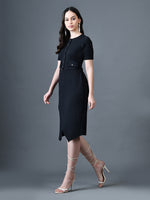 Thumbnail for Myshka Women Black Polyester A-Line Round Neck Solid Knee Length Short Sleeves Co-Ords - Distacart