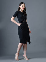 Thumbnail for Myshka Women Black Polyester A-Line Round Neck Solid Knee Length Short Sleeves Co-Ords - Distacart