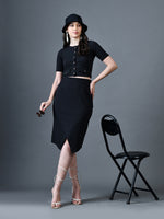 Thumbnail for Myshka Women Black Polyester A-Line Round Neck Solid Knee Length Short Sleeves Co-Ords - Distacart