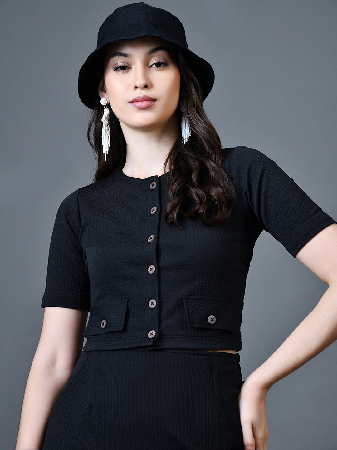 Myshka Women Black Polyester A-Line Round Neck Solid Knee Length Short Sleeves Co-Ords - Distacart