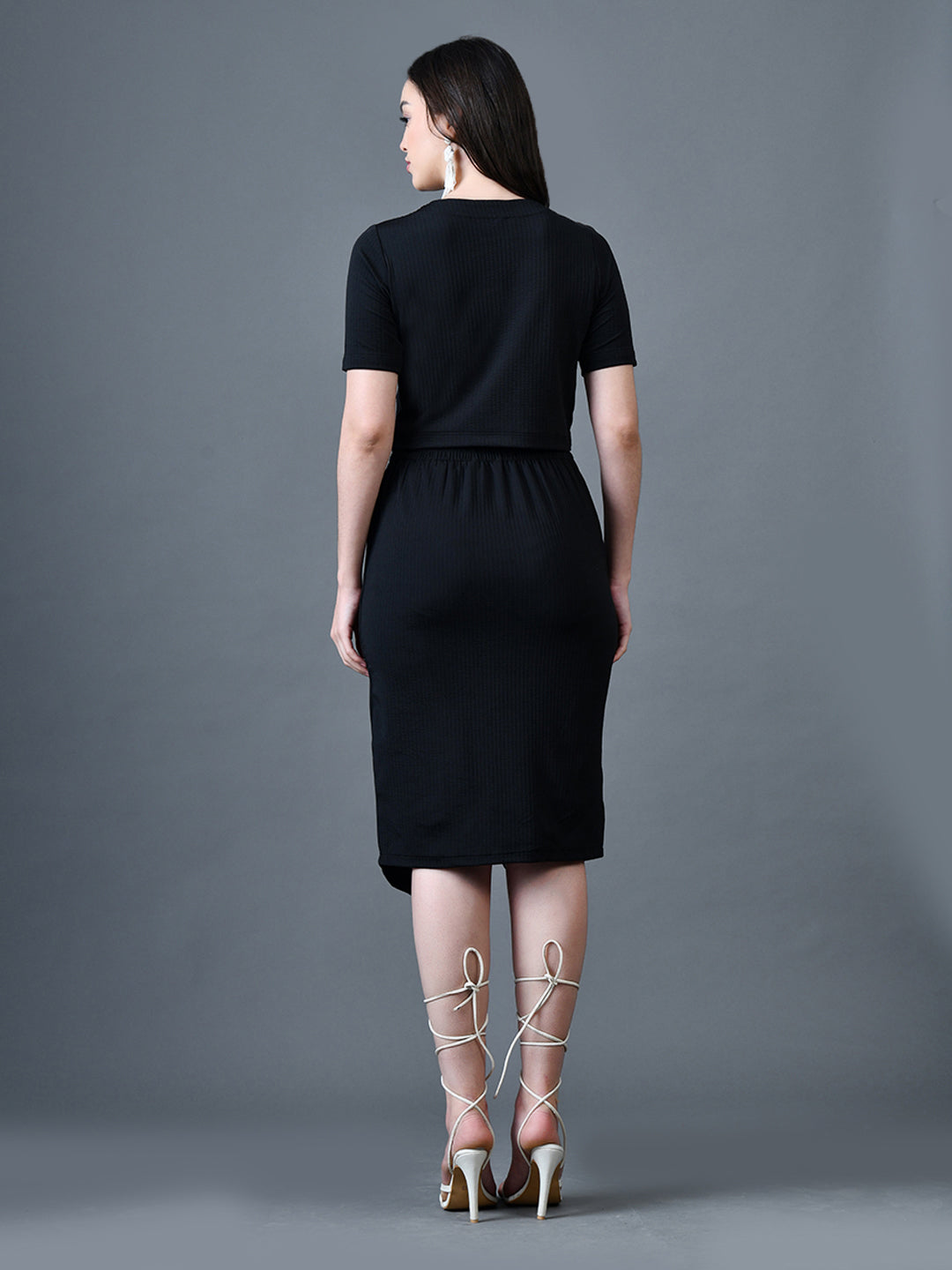 Myshka Women Black Polyester A-Line Round Neck Solid Knee Length Short Sleeves Co-Ords - Distacart