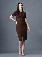 Thumbnail for Myshka Women Brown Polyester A-Line Round Neck Solid Knee Length Short Sleeves Co-Ords - Distacart