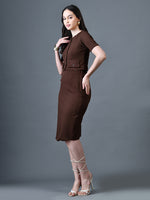 Thumbnail for Myshka Women Brown Polyester A-Line Round Neck Solid Knee Length Short Sleeves Co-Ords - Distacart