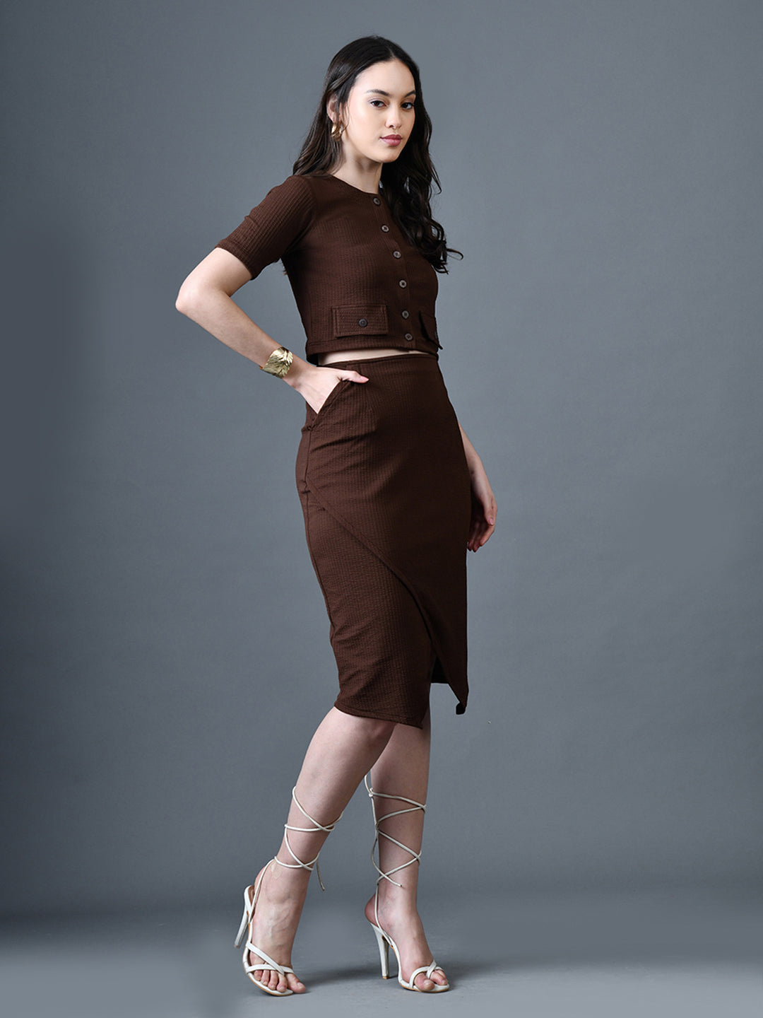 Myshka Women Brown Polyester A-Line Round Neck Solid Knee Length Short Sleeves Co-Ords - Distacart