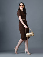 Thumbnail for Myshka Women Brown Polyester A-Line Round Neck Solid Knee Length Short Sleeves Co-Ords - Distacart