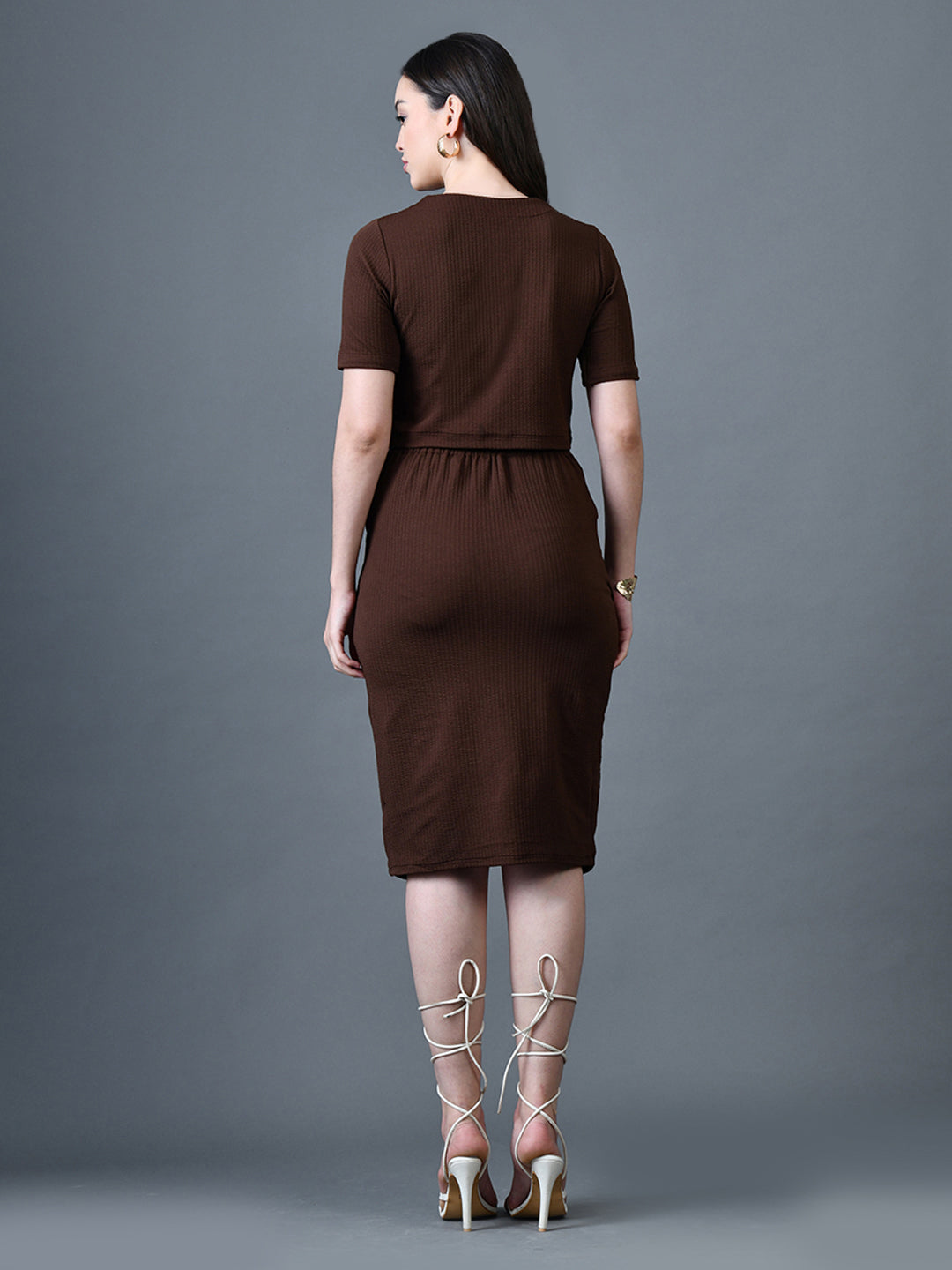 Myshka Women Brown Polyester A-Line Round Neck Solid Knee Length Short Sleeves Co-Ords - Distacart