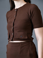 Thumbnail for Myshka Women Brown Polyester A-Line Round Neck Solid Knee Length Short Sleeves Co-Ords - Distacart