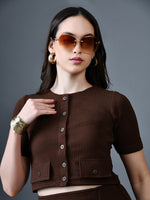 Thumbnail for Myshka Women Brown Polyester A-Line Round Neck Solid Knee Length Short Sleeves Co-Ords - Distacart
