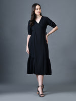Thumbnail for Myshka Women Black Polyester A-Line V-Neck Solid Knee Length Short Sleeves Dresses - Distacart